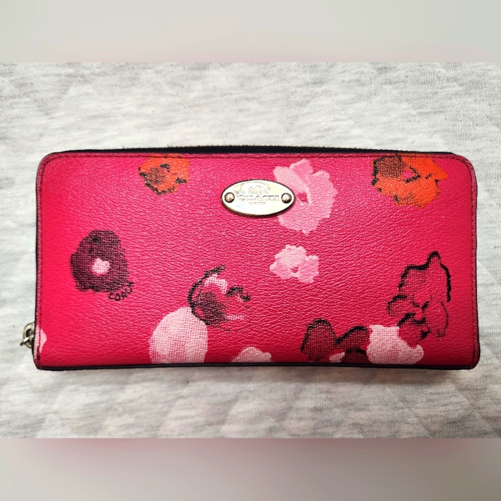 Coach Wallet Floral Print Accordion Zip Pink, Black and Silver